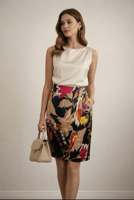 Escada Silk Floral Tulip Skirt Black Pink Orange Draped EU 34