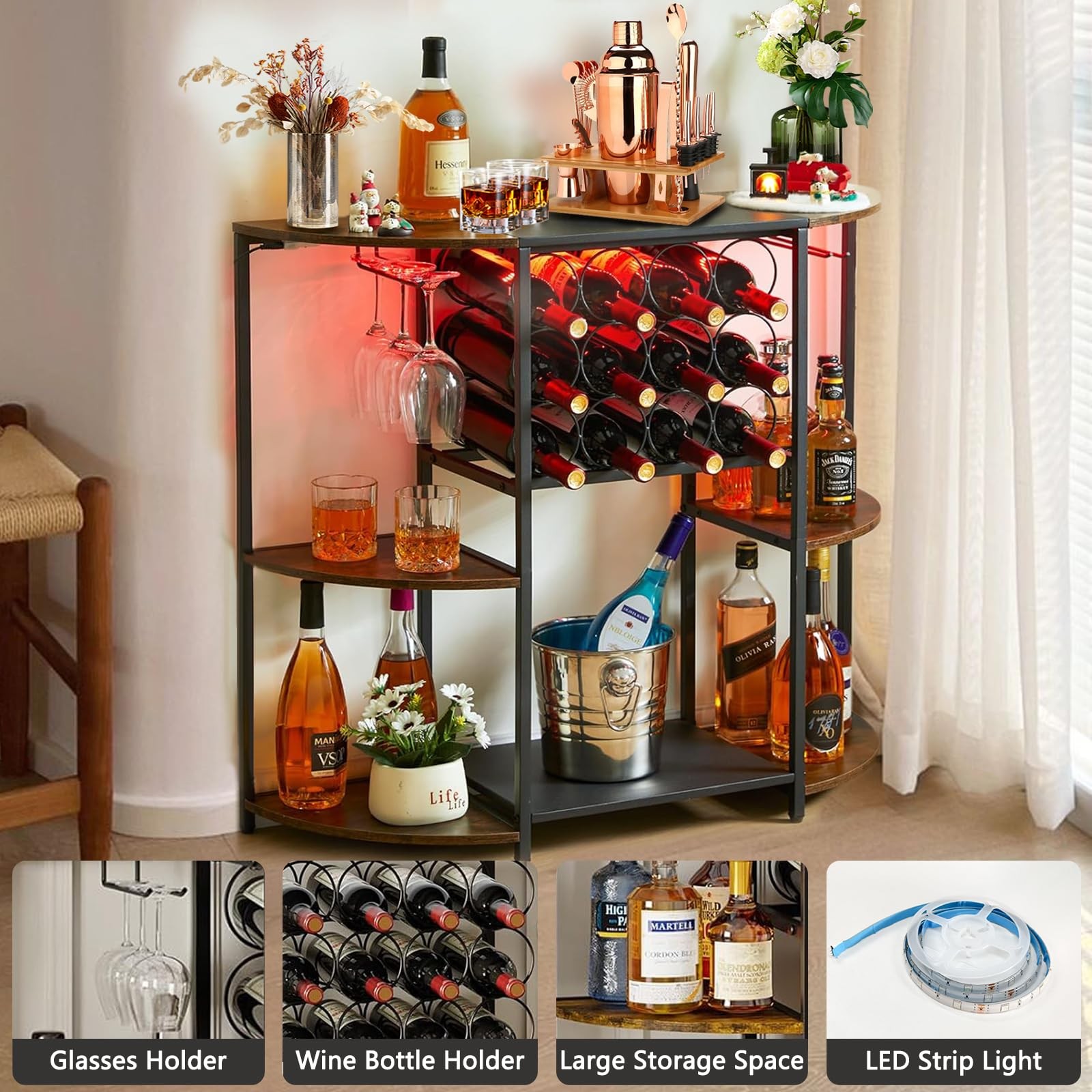 Wine Bar Cabinet, Liquor Cabinet Bar Table with Lights and 4-Tier Storage Fre...