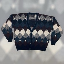 VTG 80s Argyle Pattern Cardigan Button Sweater Adult XL Multicolor Acrylic Korea