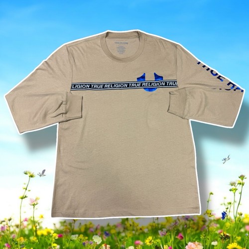 True Religion Tee Mens Size Large Graphic Foil Tapping Longsleeve Beige T Shirt - Picture 4 of 17