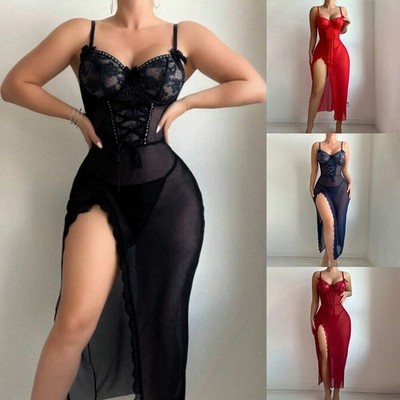 Zweiteiliges Damen-Nachtwäsche-Dessous-Set mit transparentem Netz und V-Ausschnitt