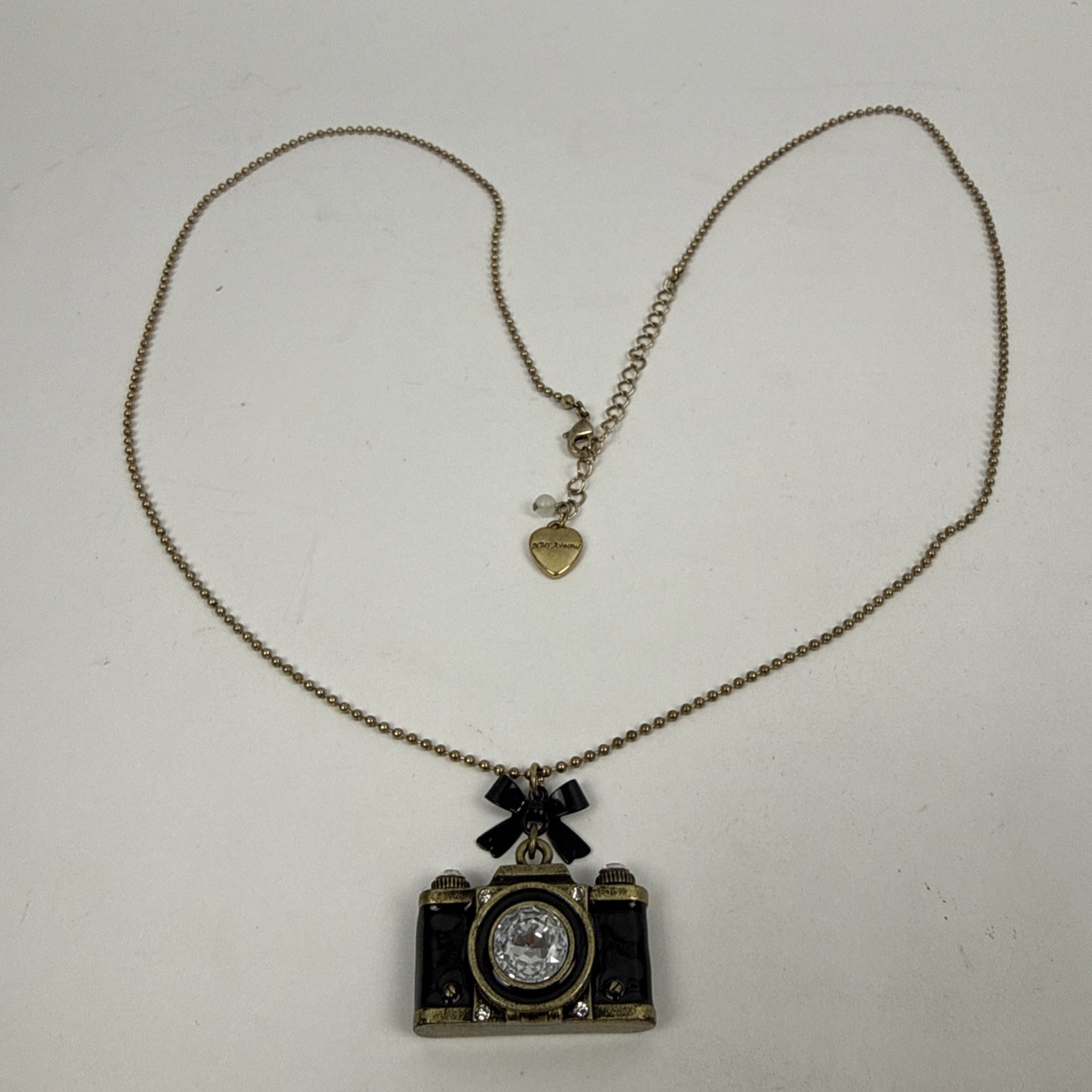 Betsey Johnson Camera Locket Necklace Black Enamel Crystal Photo Pendant Vintage