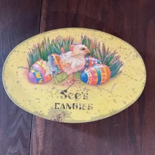 Vintage  See’s Candy EASTER TIN chick / eggs 1998 ~9.75 “ x 1.5 “ Cute! 