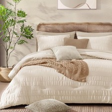 Queen Comforter Set, 7 Pieces Beige Seersucker Bed in a Bag Queen Size Soft A...