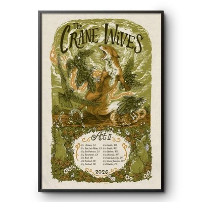 The Crane Wives Act II Tour 2026 Poster Folk Rock Art Print Green Nature Design