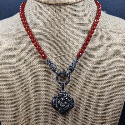 Vintage Gothic Victorian Revival Carnelian Bead Necklace Sterling Marcasite Rose