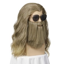 Long Curly Golden Brown Wig and Mustache Costume Halloween Mens Wig