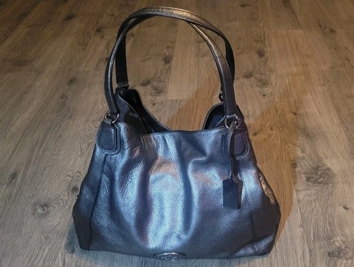COACH Edie Signature Gunmetal Metallic Shining Leather Hobo Shoulder Bag - Picture 2 of 23