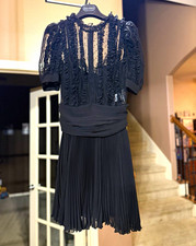 Dolce & Gabbana Black Lace Pleated Ruffle Sheer Puff Sleeve Dress XS