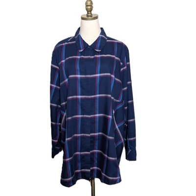 Foxcroft Heritage Non Iron Tunic Shirt Womens Size 22 Blue Red Plaid Button Up