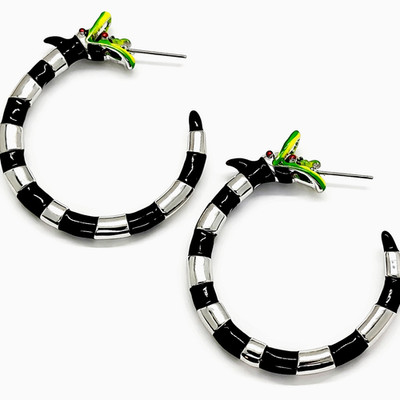 Beetlejuice Sandworm SILVER & BLACK STRIPPED Hoop Earrings:  Edgy Streetwear