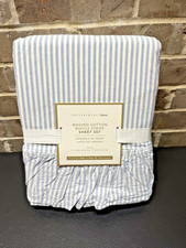 Pottery Barn Teen WASHED COTTON RUFFLE STRIPE TWIN SHEET SET CHAMBRAY BLUE NEW