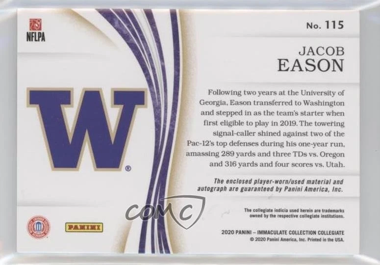 2020 Panini Immaculate Collegiate Silver /49 Jacob Eason #115 RPA Patch Auto RC - Image 2 of 2