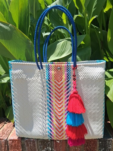 Oaxaca Mexiko handgewebte Upcycling Matte X-Large Markt/Strand/Einkaufstasche mit Bommel