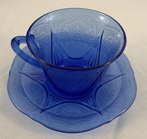 Depression Glass Hazel Atlas Royal Lace Cobalt Blue Tea Cup Saucer Single Set