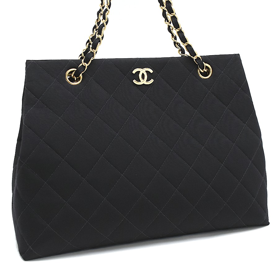 CHANEL Matelassé Canvas Chain Shoulder Bag Black with Gold Hardware
