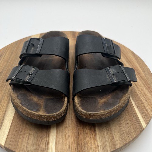 Birkenstock Arizona Womens Black Leather Cork Sandals Buckle Slides 38 EU 7 US - Picture 2 of 9