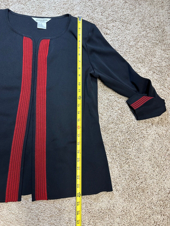 Exclusively Misook Petite Black Cardigan Sweater Hook Eye Red Acrylic