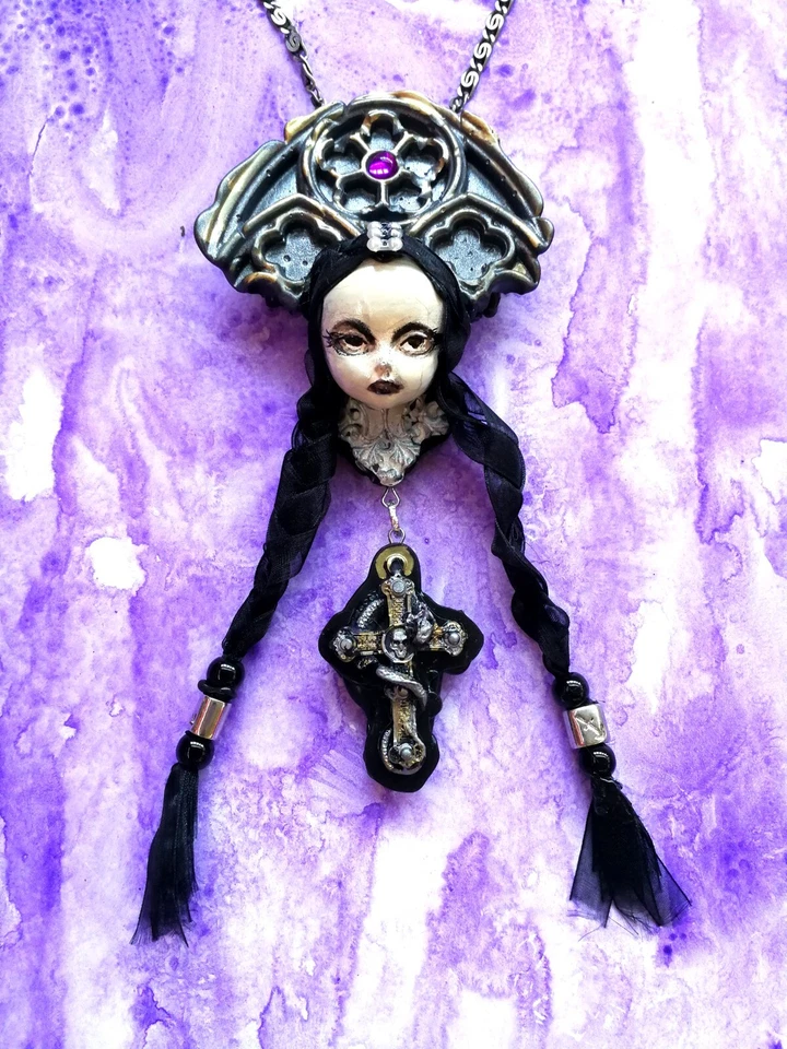 Doll Head Jewelry Necklace Pendant Fairy Wednesday Addams Gothic Dark Luxury Bib - Image 3 of 4