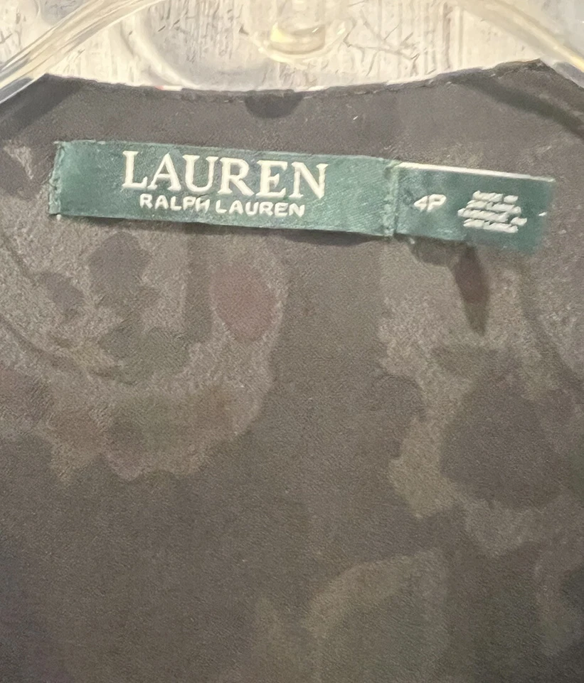 Vestido Ralph Lauren Para Mujer Talla 4 Pequeño Negro Floral Gasa Forrado Cuello en V 4P Foto 3 de 4