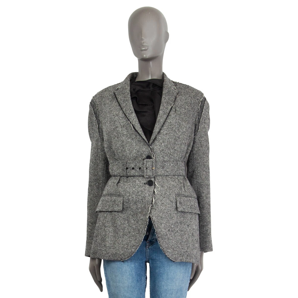 65175 auth STELLA MCCARTNEY grey wool DISTRESSE TWEED BELTED Blazer Jacket 40 S