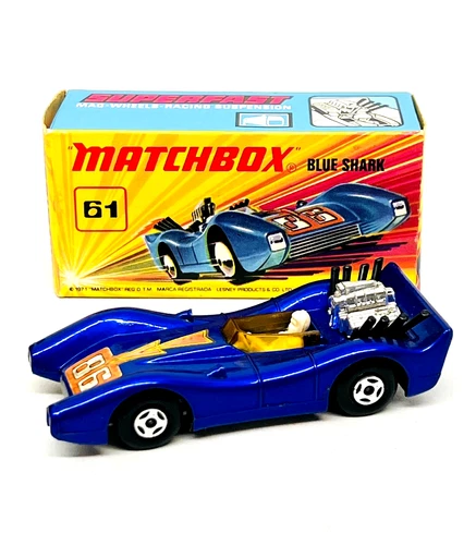 Matchbox Lesney Superfast 61 Blue Shark rare silver base & amber windows, mib!