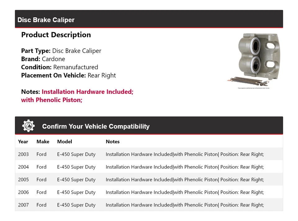 For 2003-2007 Ford E-450 Super Duty Disc Brake Caliper Rear Right Cardone 2004 - Image 2 of 4