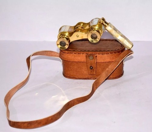Antique Vintage Opera Glasses Mother Pearl Brass Binocular with Leather Case - Picture 3 of 4