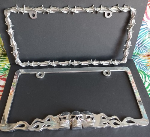 Chrome 'Skull And Flame' License Plate Frame & Barbed Wire Plate Frame 2 Frames - Picture 3 of 5