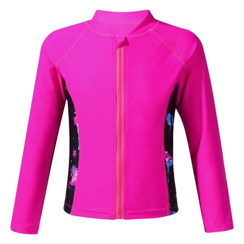 Kids Girls Shirts Swimming Swimwear Rash Guard Top Swim Tops Front Zipper Pool - Picture 37 of 67