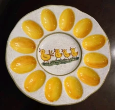 VINTAGE Italian Hand Painted HEN CHICKS Deviled Egg 10.5" Platter ~ Italy