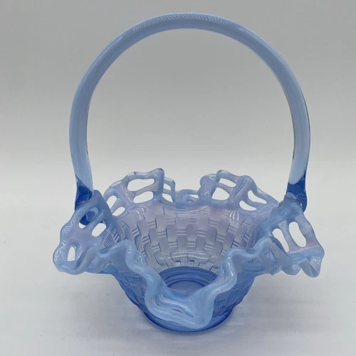 Fenton Blue Opalescent Basket Weave Basket with Reticulated Ruffle Edge 7"