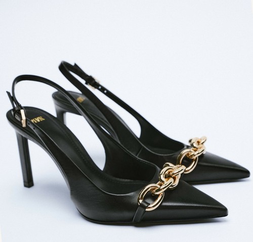 Zara nuevo mujer Cuero Slingback Tacón Con Cadena Zapatos Negro 35-42  1232/810 | eBay