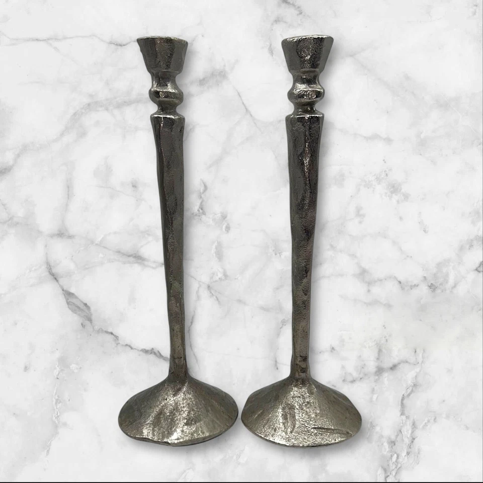 "Par de candelabros West Elm plateado estilo brutalista 15"" MCM decoración moderna de metal" Foto 3 de 4