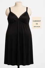 Cabernet 1X Black Satin Nylon Nightgown Lace Trim V Neck V Back