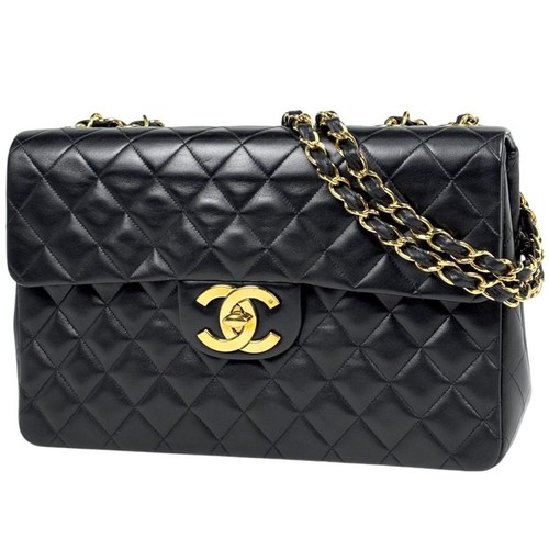 Chanel Large Matelassé Single Flap Chain Shoulder Bag Coco Mark Black A01094