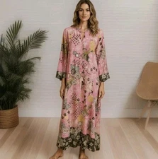 Vintage Natori Kaftan Caftan House Dress Pink Asian Floral Birds Long Zip Size M