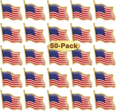 50 Pack American Flag Lapel Pins Bulk Metal - USA United States Patri