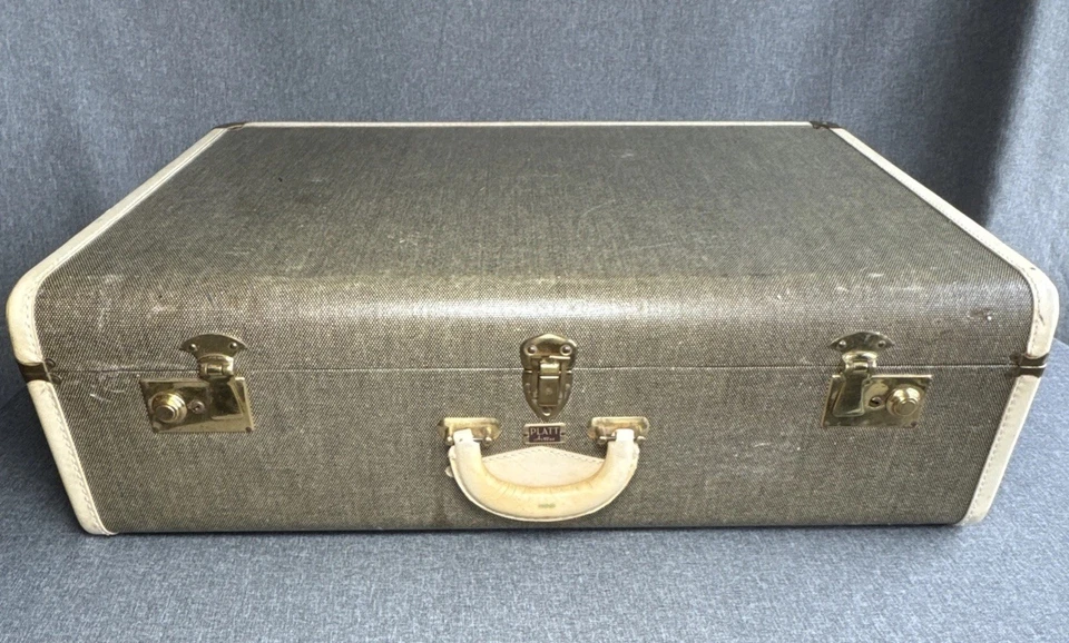 Vintage Platt AIRESS Suitcase Tweed Olive Green Cream Leather Edge 26x8x17” Nice - Image 2 of 4