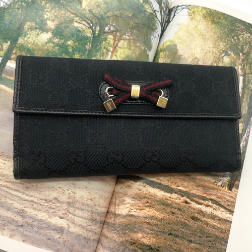 Authentic Gucci GG Canvas Black Sherry Line Ribbon 167464 Long Wallet NS070939