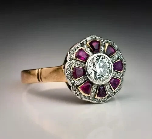 Art Deco Style Round Lab Created Diamond & Ruby 14K Gold Finish Engagement Ring