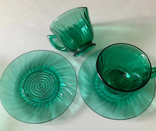 2 Pr Vintage Jeanette Swirl Ultramarine Cup / Saucer Sets Smooth Rim Depression