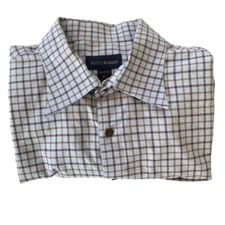 Scott Barber Plaid Checkered Button Down Dress Shirt Mens XL Blue Tan