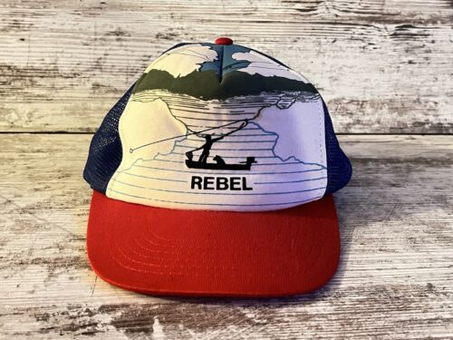Vintage Rebel Fishing SnapBack Hat - Red White Blue - - Afbeelding 1 van 6