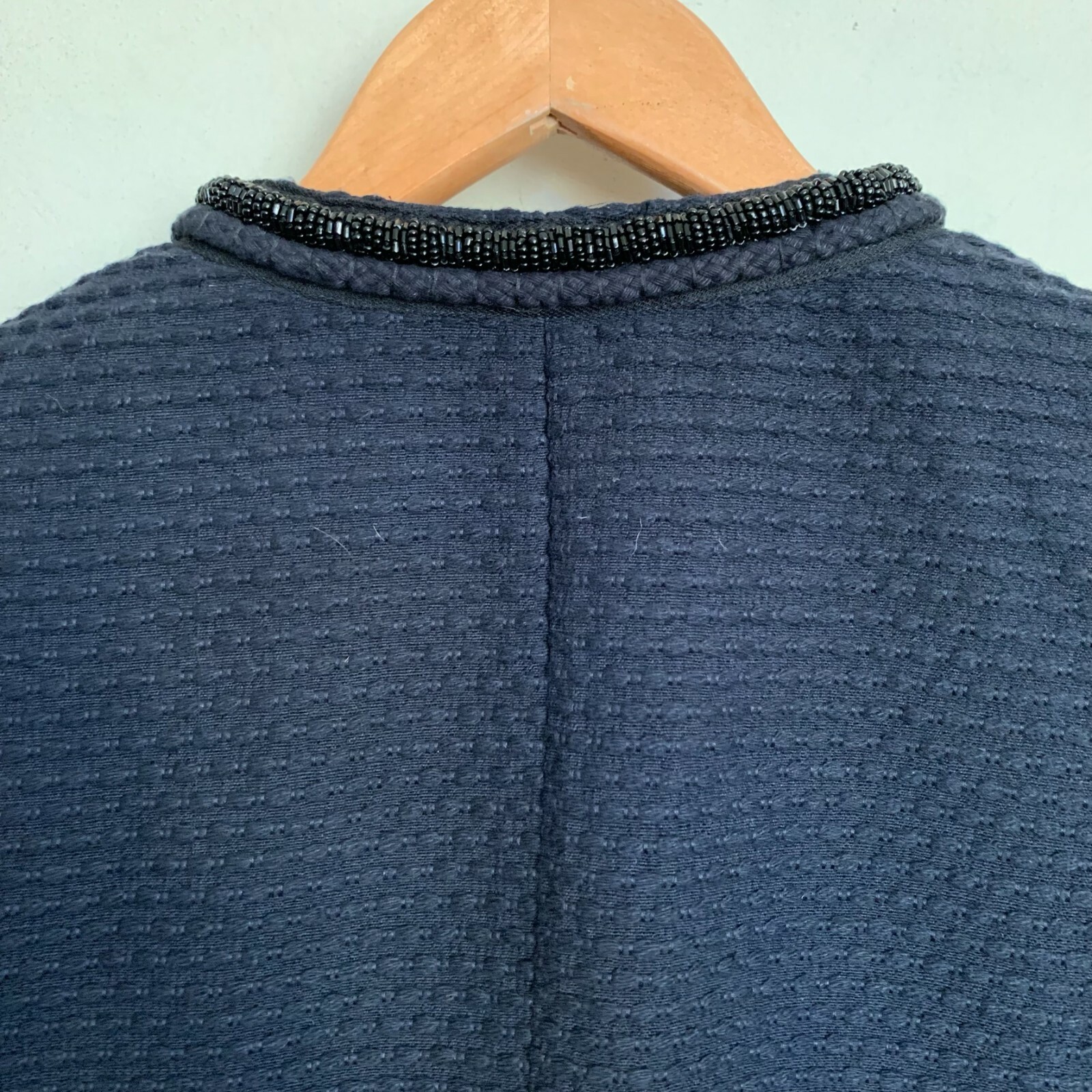 ALTRA Ann Taylor Jacket Navy Collarless 3 4 Sleeve Bead Trim Lined Hook Eye Size 0 NEW