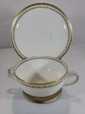 Haviland Limoges Double Handle Bouillon Cup And Saucer France Gold Rim 