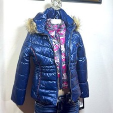  P1 LONDON FOG Girls' Heavyweight Jacket Navy blue furry hood, size M 10/12