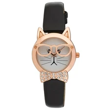 Vernier New Women's 'Cat in Glasses and Bowtie' Leather Watch With Gift Box