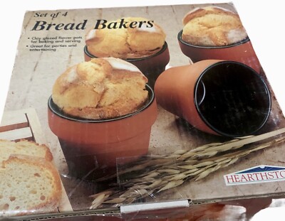 HEARTHSTONE Set of 4 Clay Glazed Flower Pot Bread Bakers - vintage