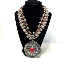 Nena 3-Strand Faux Coral & Silver Tone Bead Statement Necklace Round Pendant